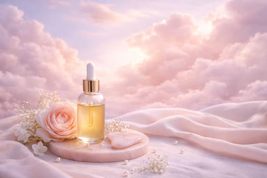 luxury skincare product on a pastel cloudy background