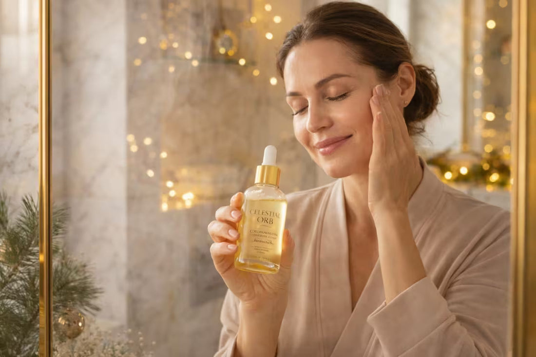 Woman applying facial oil in a luxury bathroom