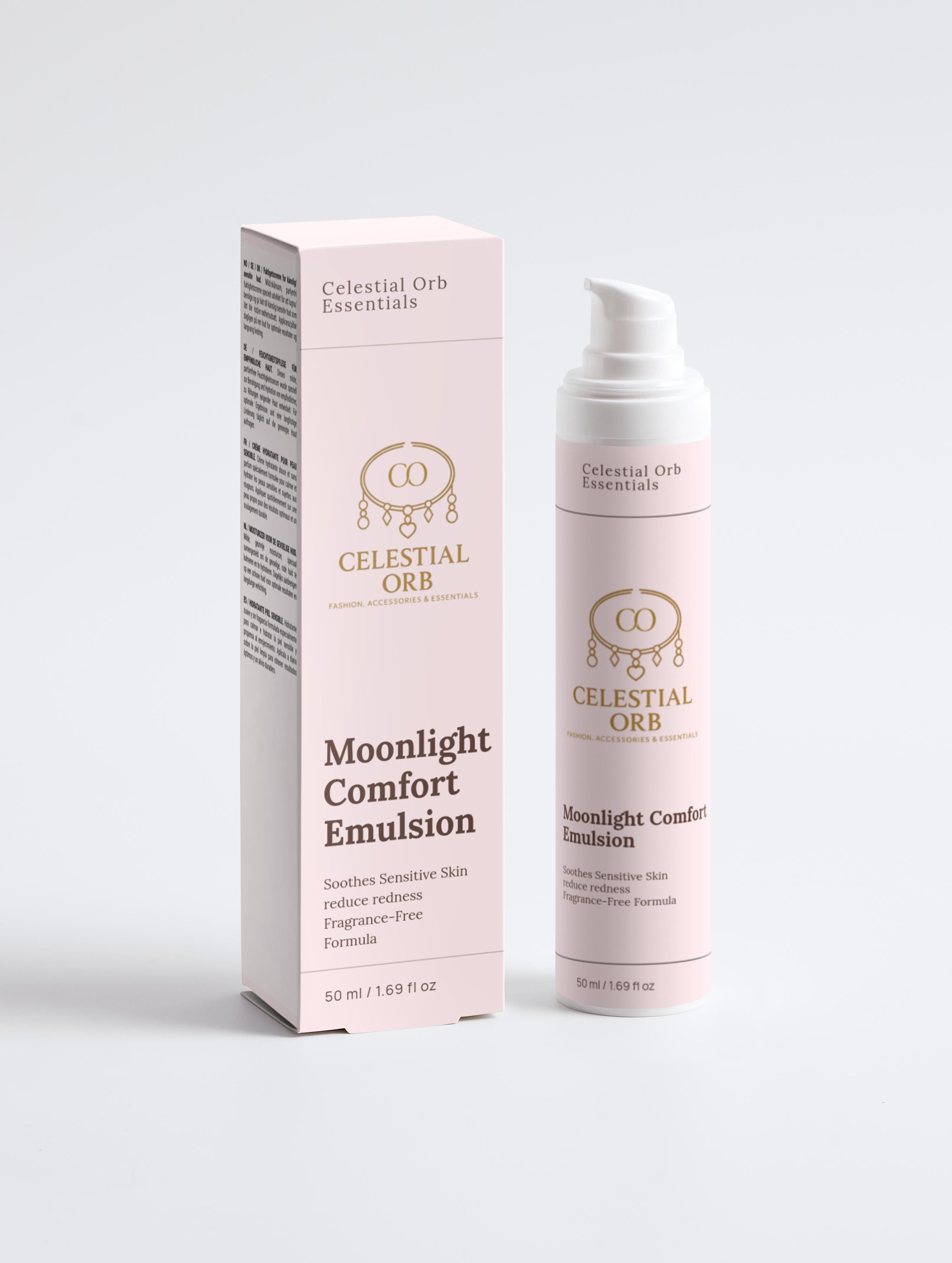 Moonlight Comfort Emulsion with packaging – gentle hydrating emulsion by Celestial Orb Essentials
