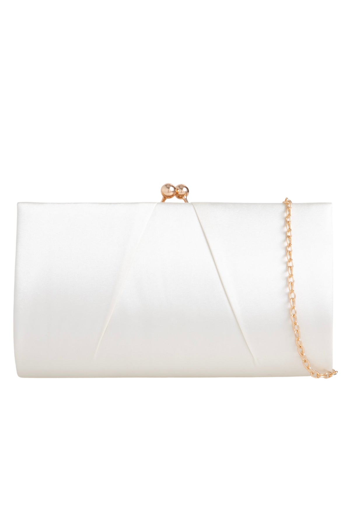 Ivory satin clutch bag with gold chain strap and kiss lock closure – elegant evening handbag for wedding, gala and special occasions