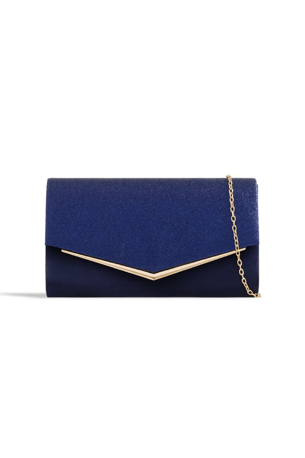Navy blue clutch bag with gold chain strap and envelope design – elegant evening handbag