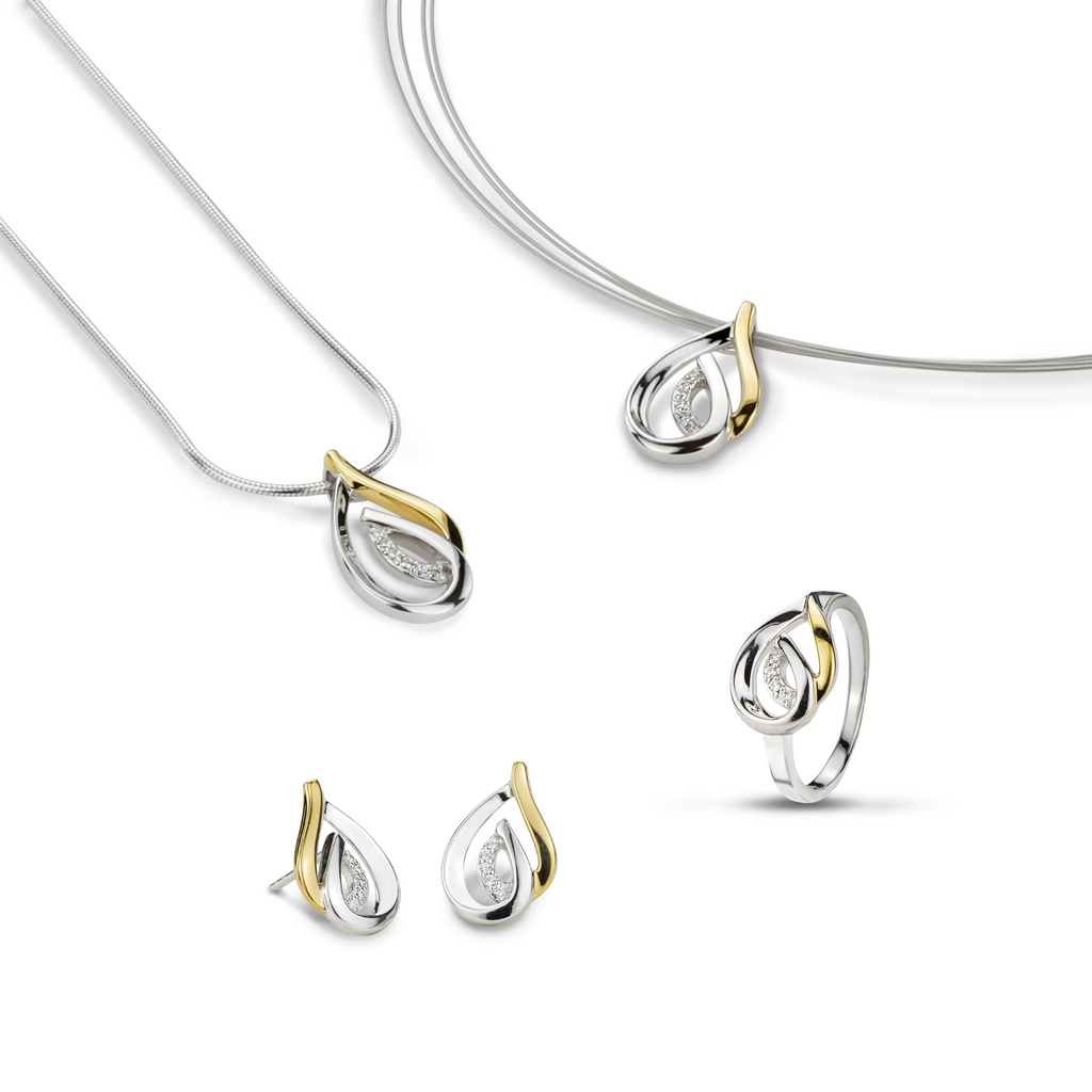 Sterling silver and gold two tone ring with pavé stones – elegant Barbados teardrop design for women