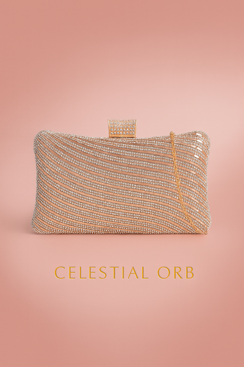 Gold rhinestone clutch bag with glitter wave design and chain strap – glamorous evening handbag for wedding, party and prom