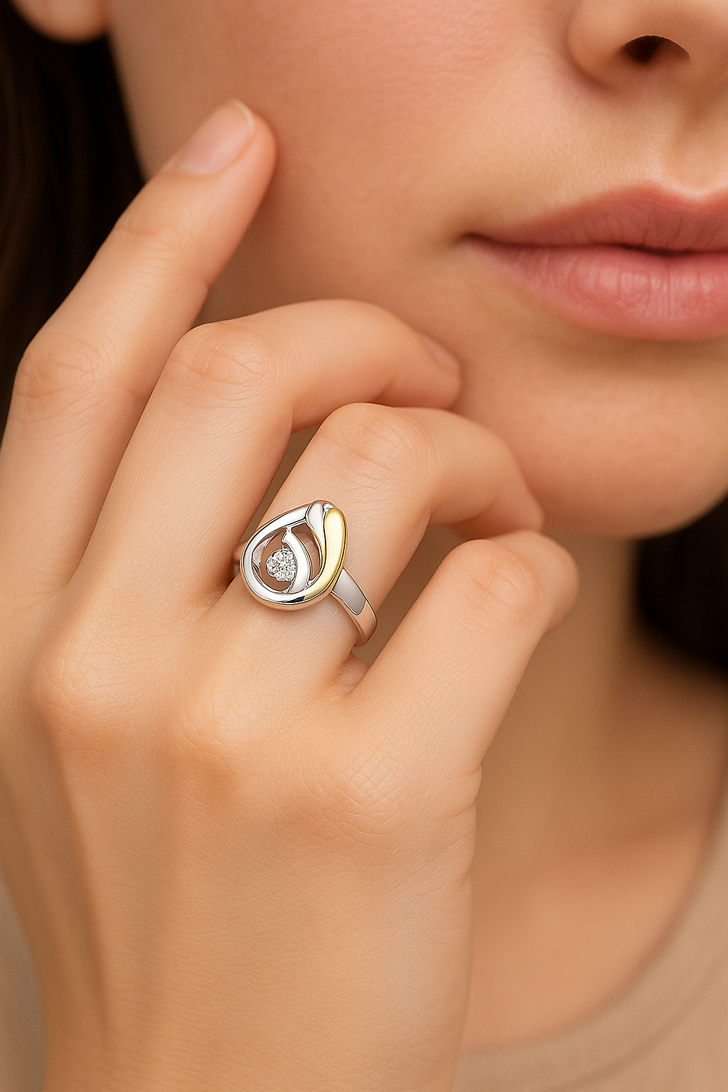 Sterling silver and gold two tone ring with pavé stones – elegant Barbados teardrop design for women