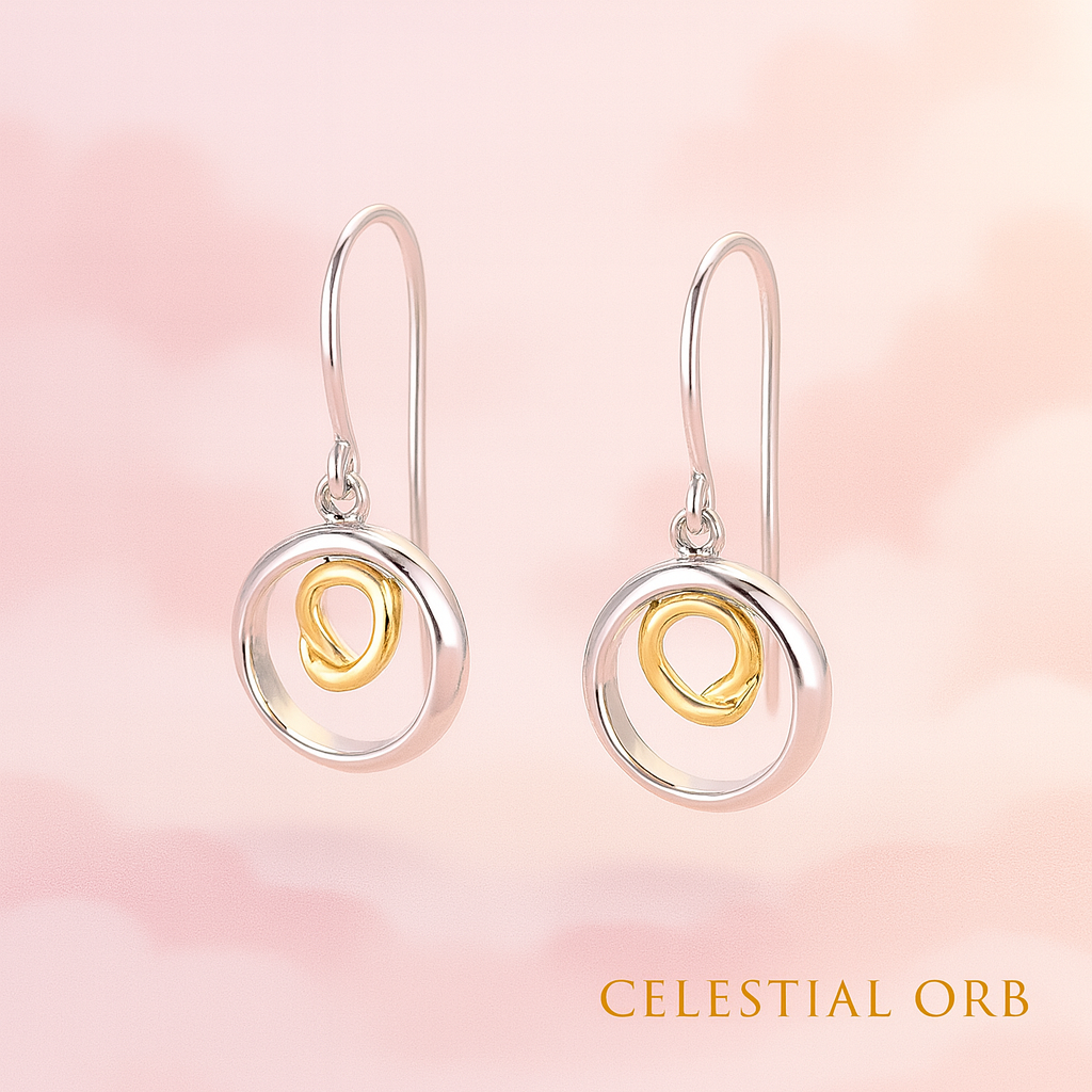 Solar earrings – sterling silver circle drop earrings with gold detail for women