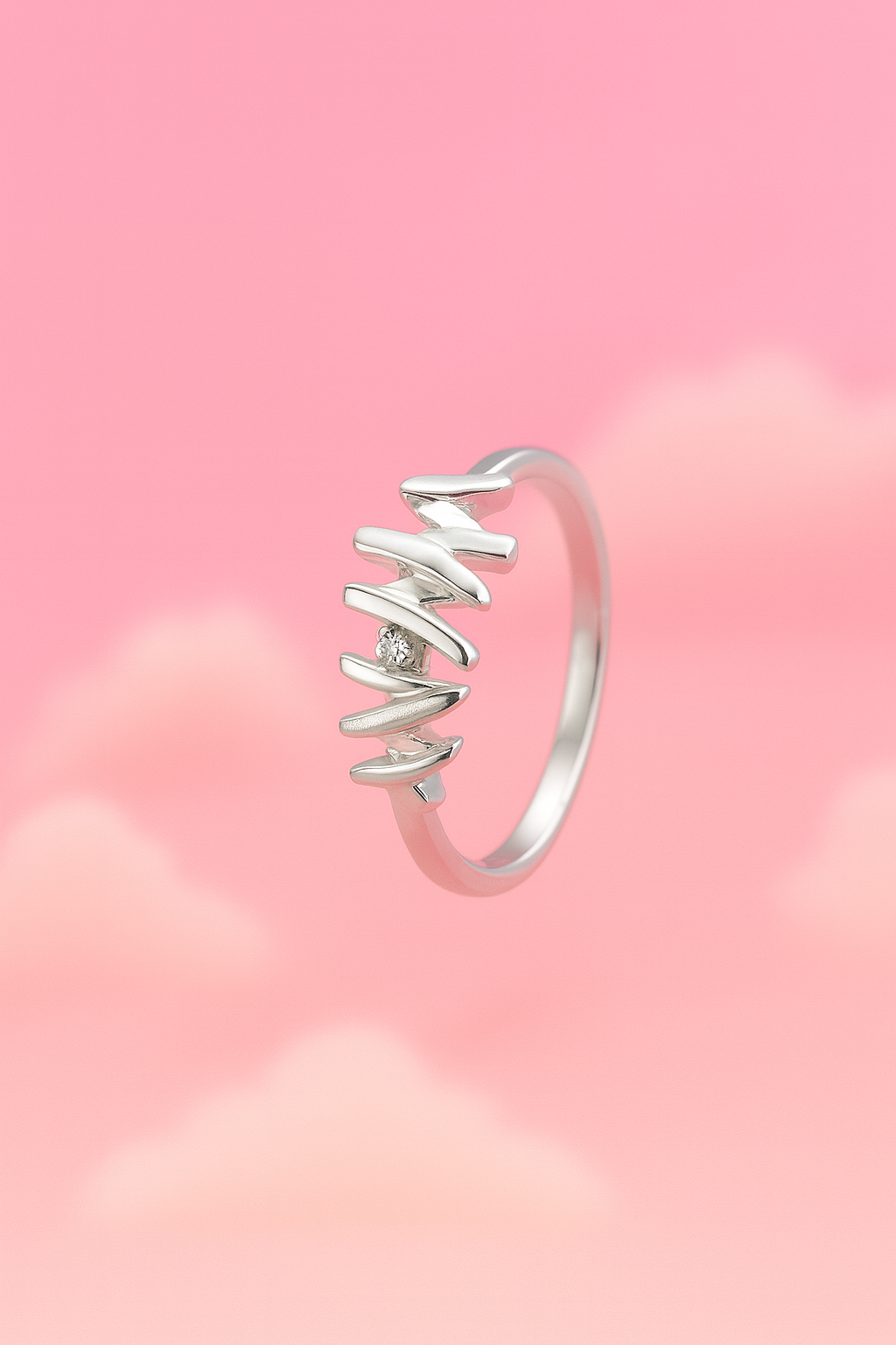 Sterling silver ring with zigzag geometric design and crystal – elegant Tokyo modern ring for women