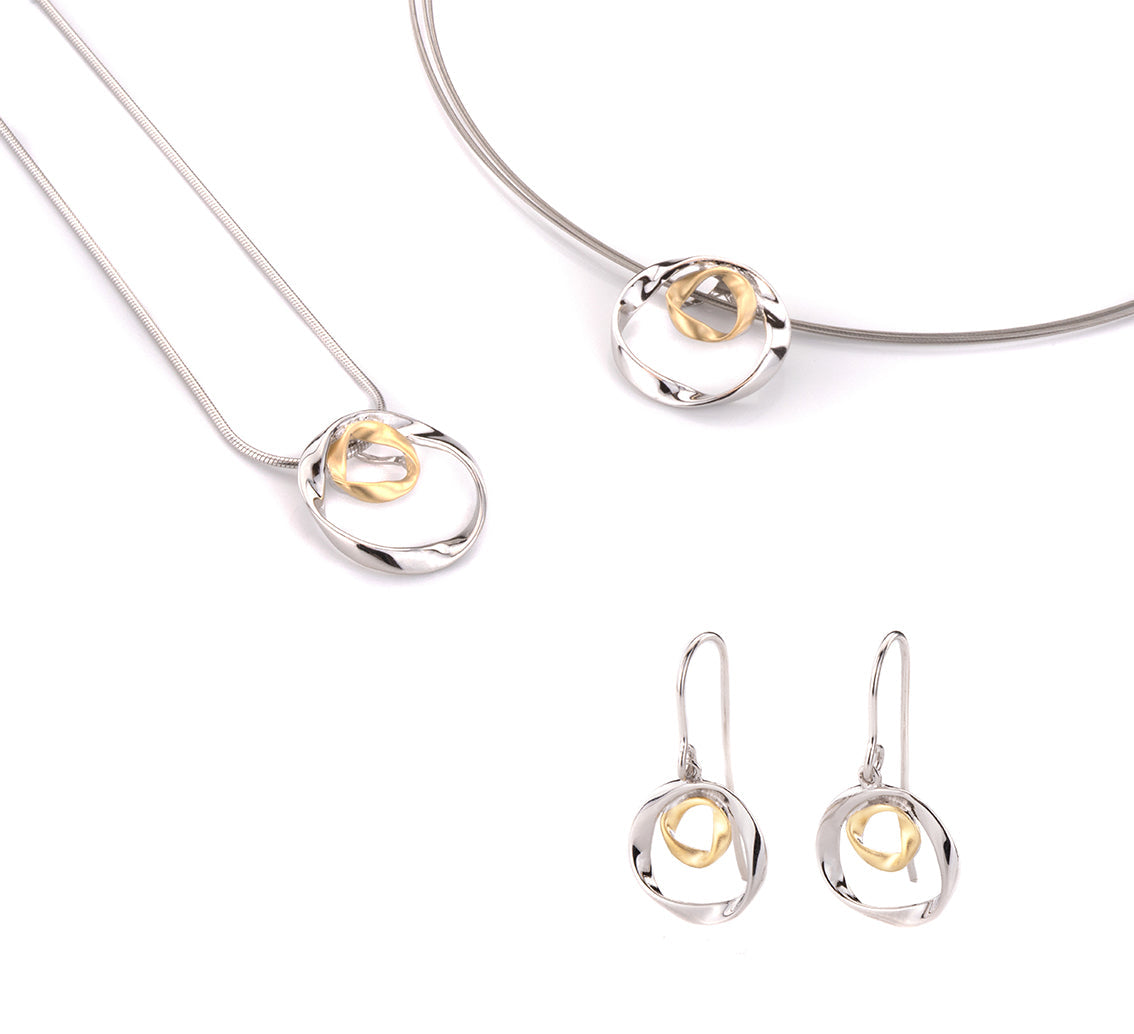 Solar earrings – sterling silver circle drop earrings with gold detail for women