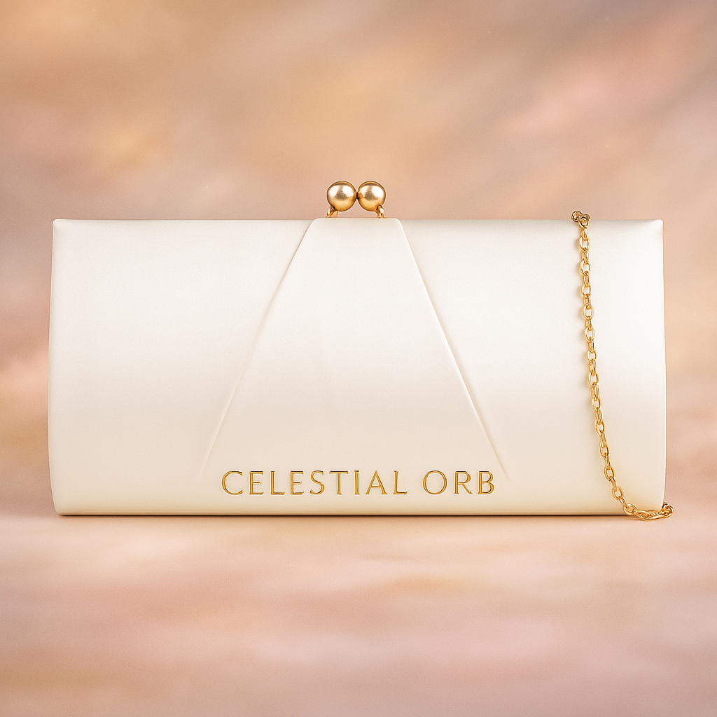 Ivory satin clutch bag with gold chain strap and kiss lock closure – elegant evening handbag for wedding, gala and special occasions