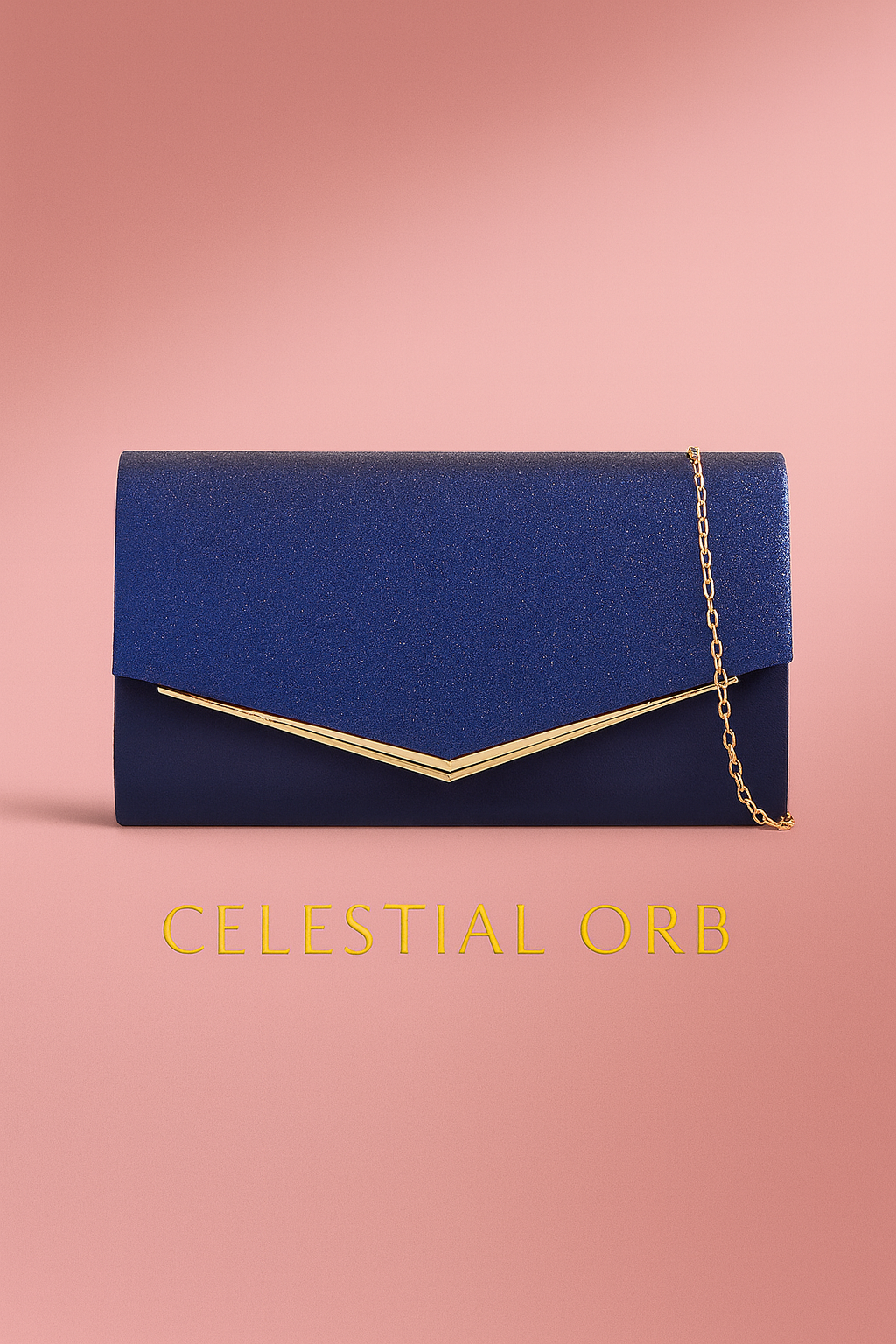 Navy blue clutch bag with gold chain strap and envelope design – elegant evening handbag
