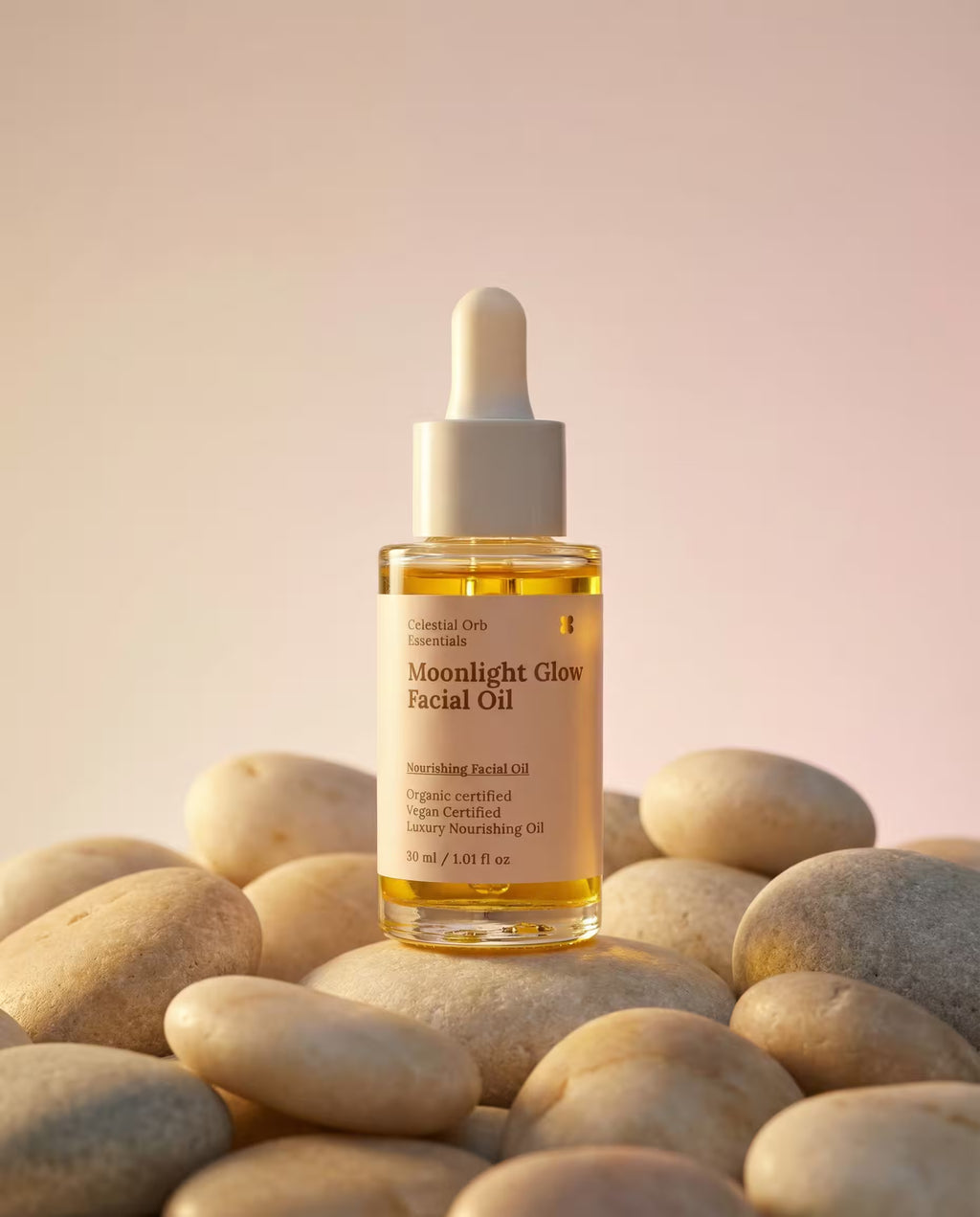 premium skincare facial oil bottle with brand name celestial orb displayed on rocks on a pastel pink background