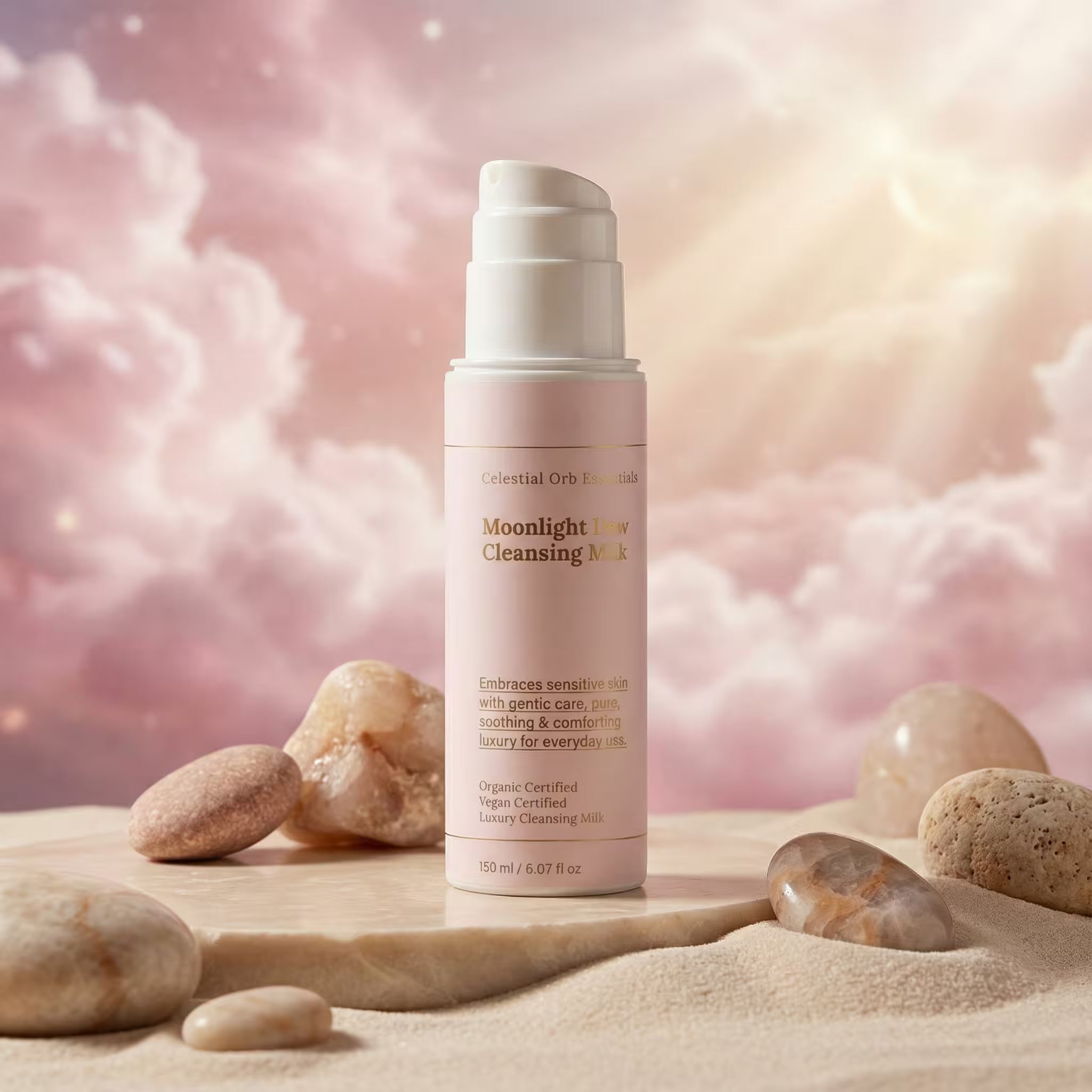 Moonlight cleansing milk product on a professional display with pastel clouds, white sand and colored rocks