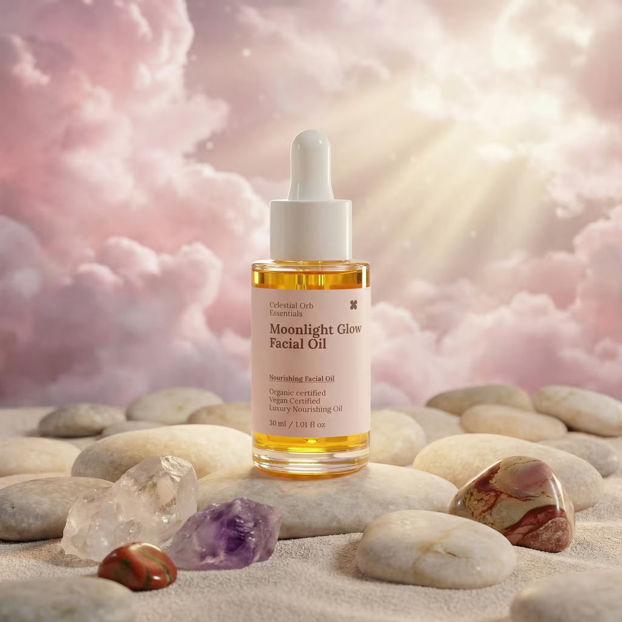 premium skincare facial oil bottle with brand name celestial orb on a pastel pink cloudy background with nice sand, stones and crystals