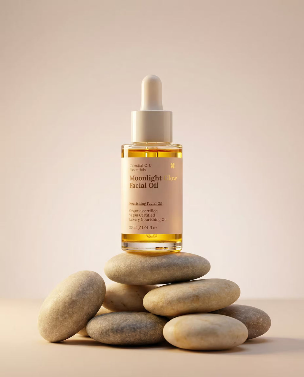 premium skincare facial oil bottle with brand name celestial orb displayed on rocks on a pastel pink background