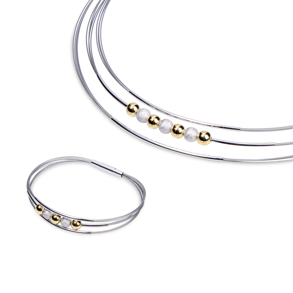 Sterling silver multi-strand bracelet with gold and silver beads – elegant Madeira bangle for women
