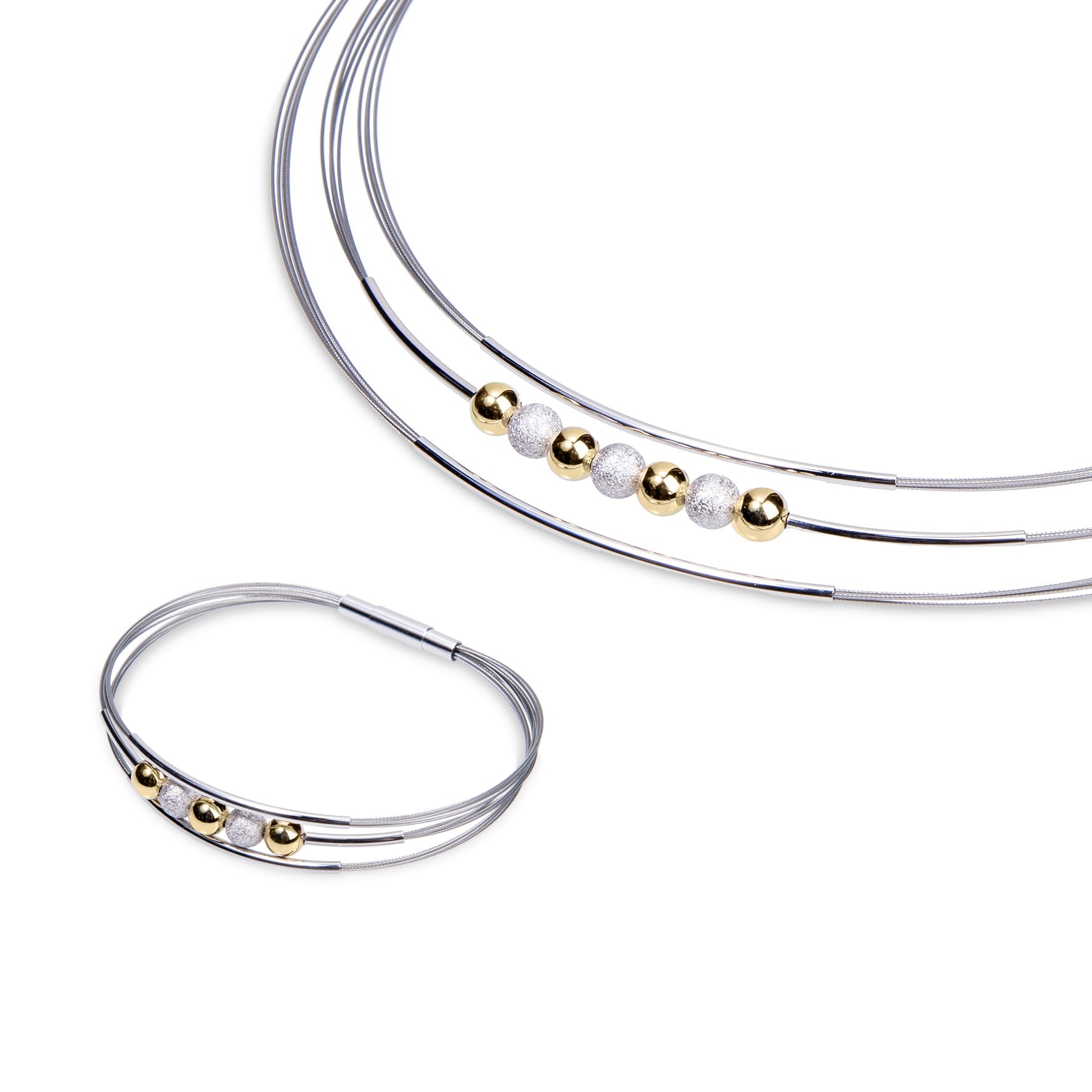 Sterling silver multi-strand bracelet with gold and silver beads – elegant Madeira bangle for women