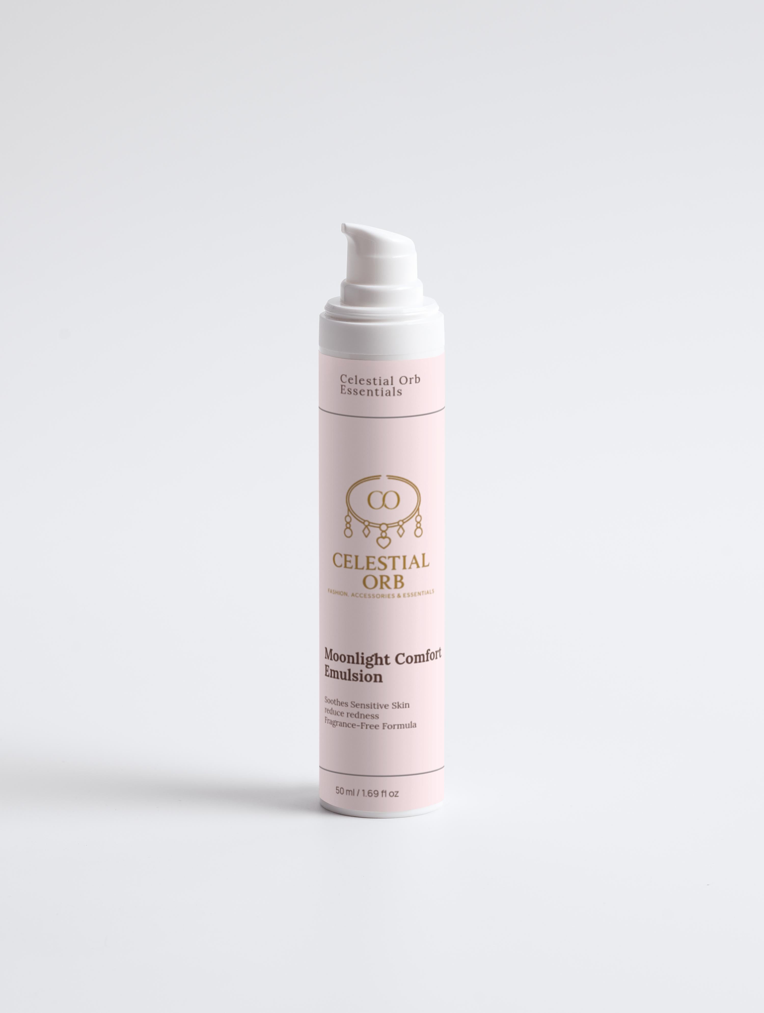 Moonlight Comfort Emulsion with packaging – gentle hydrating emulsion by Celestial Orb Essentials