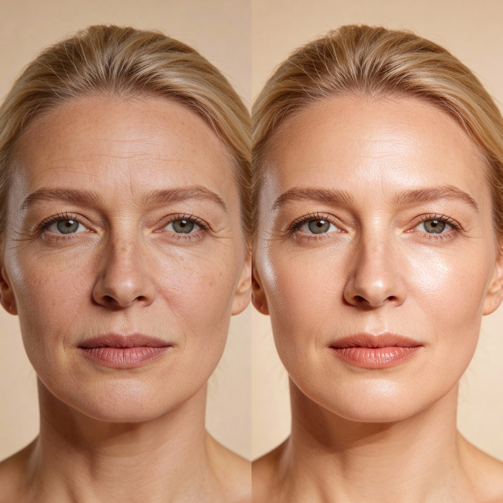 woman around 40 years old before and after effect of facial oil