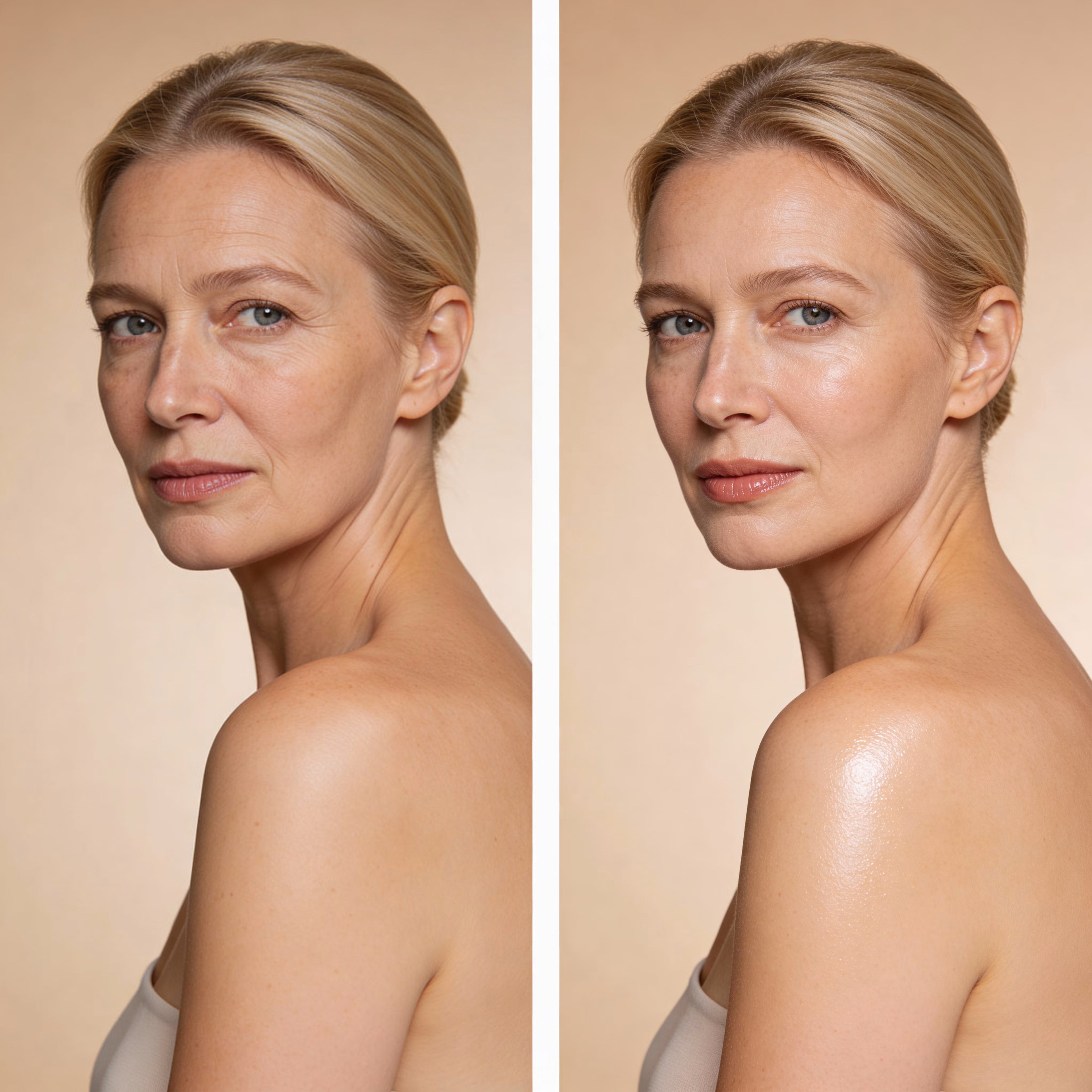woman around 40 years old before and after effect of facial oil half body shot