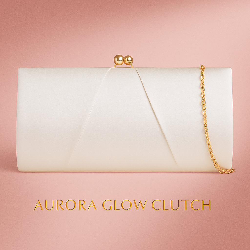 Ivory satin clutch bag with gold chain strap and kiss lock closure – elegant evening handbag for wedding, gala and special occasions